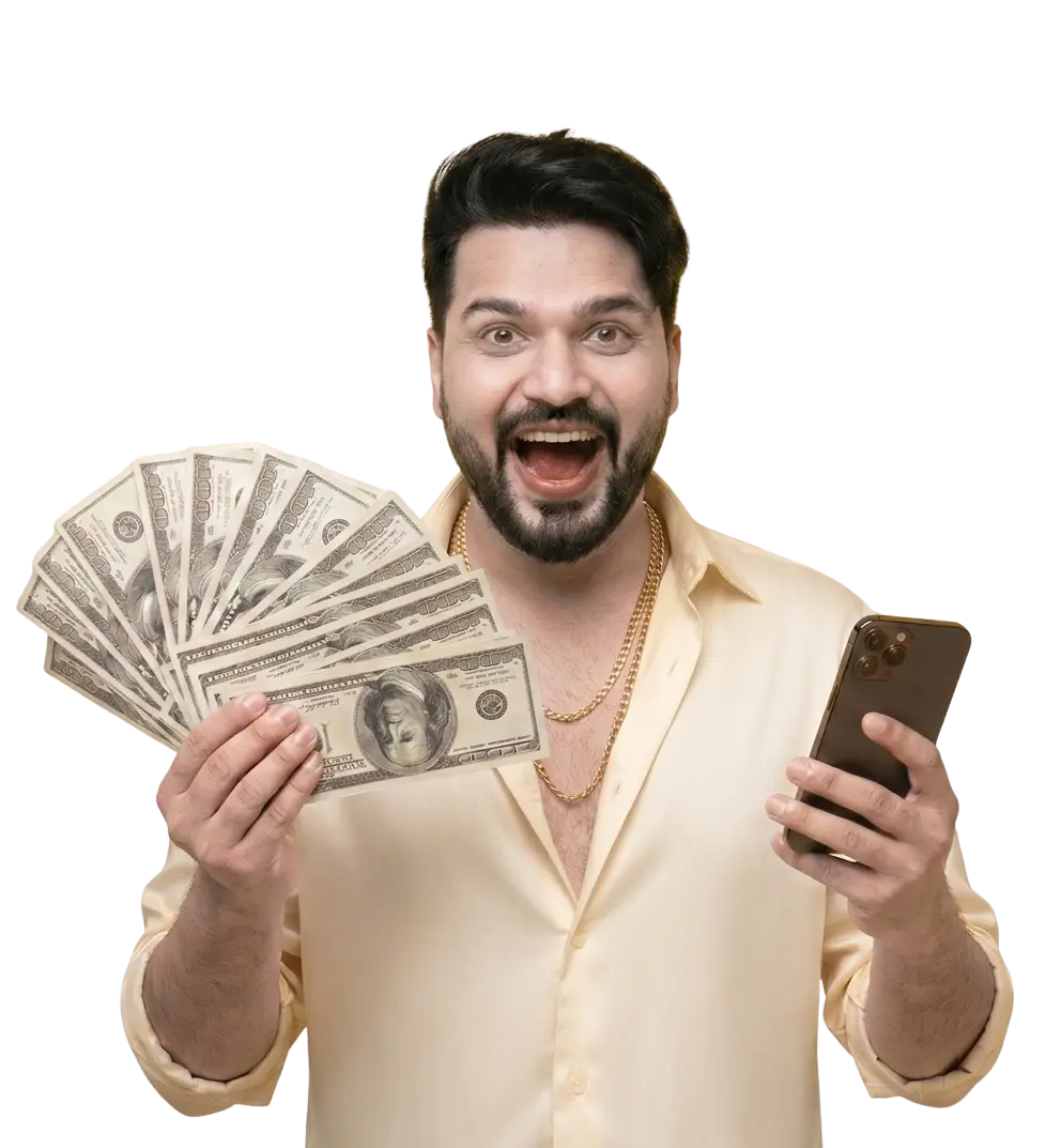 Smiling entrepreneur holding cash and a smartphone while using BodikaAI